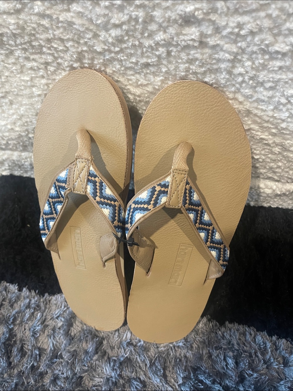 Hari Mari Beige Flip Flop Sandals with Blue Patterned Straps